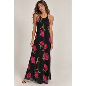 VTG 90s Hampton Nites Evening Maxi Dress Womens Sz 4 Black Floral Sleeveless‎
